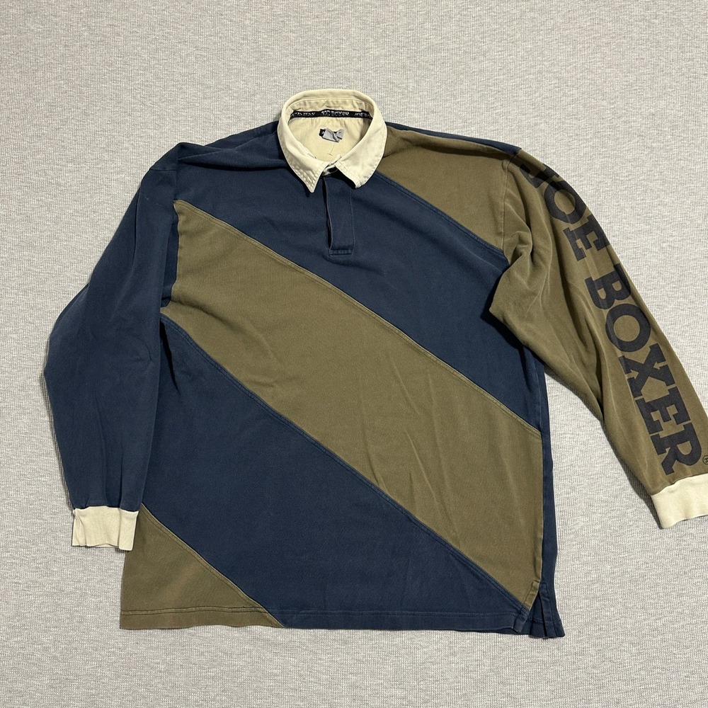 Joe Boxer Mens Vintage Rugby Shirt Large Navy Olive Green Colorblock Long Sleeve